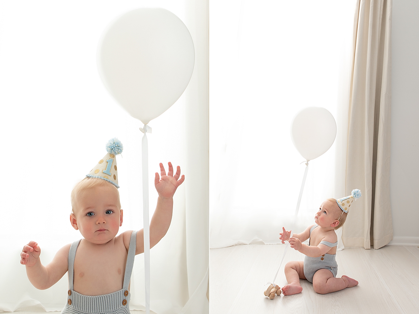 One year old photoshoot with big white balloon. Photo by Rachel Brookes Photography.